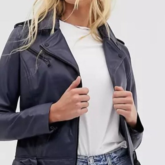 Navy Barney's Originals Genuine Leather Biker Jacket Size 4 - Picture 5 of 10